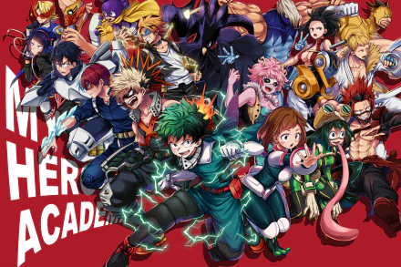 HD PC desktop wallpaper featuring a vibrant group of My Hero Academia anime characters in dynamic action poses against a red background.