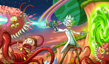 4K Ultra HD desktop wallpaper featuring Rick Sanchez and Morty Smith from the TV show Rick and Morty in a sci-fi battle against alien creatures with a glowing portal backdrop.