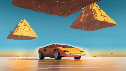 A HD desktop wallpaper featuring a Lamborghini Countach parked on a futuristic landscape with floating pyramids in the background.
