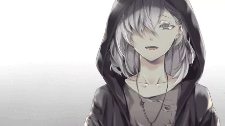 Anime-style original character with grey hair and eyes, wearing a hooded jacket, tears visible, set against a soft gradient background in HD quality for PC desktop.