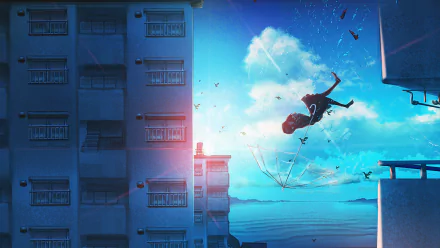 Anime-themed HD wallpaper with a girl in a dress holding an umbrella, falling between buildings with sea and clouds in the background.