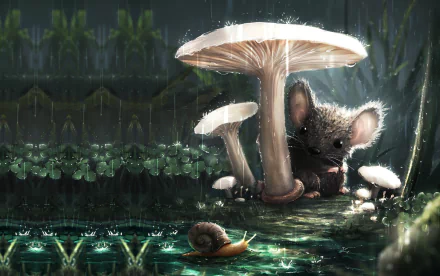 A fantasy HD desktop wallpaper depicting a small mouse sheltered under a mushroom amidst rain, with a snail nearby in a mystical forest setting.