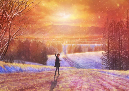 A winter anime sunset scene with a lone figure standing in a snowy landscape, surrounded by trees and glowing with warm, golden light, designed as an HD PC desktop wallpaper.