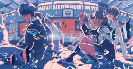 Anime-style 4K Ultra HD desktop wallpaper featuring people in school uniforms surrounded by colorful fish in an aquarium setting.