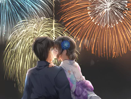 couple night kiss yukata fireworks Anime Original anime couple anime night HD Desktop Wallpaper | Background Image