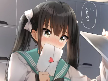HD anime-style desktop wallpaper featuring an original character with dark hair and teal sailor uniform, holding a letter with a red heart seal.