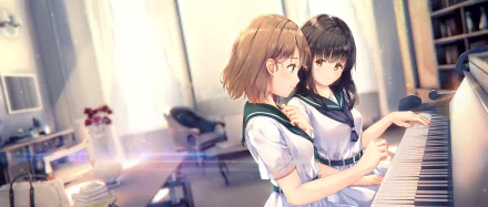  Two anime girls playing the piano by unwitherer