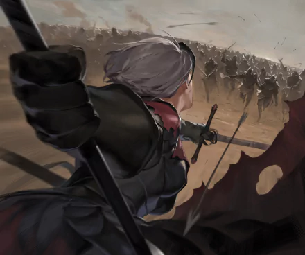 HD desktop wallpaper featuring Jeanne d'Arc Alter from Fate/Grand Order. The scene depicts a white-haired knight with a sword and arrow, leading a charge on a battlefield.
