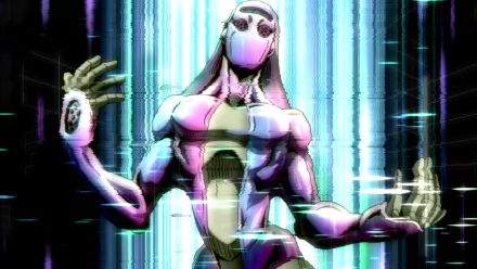 HD PC desktop wallpaper featuring a stylized, glitch-effect depiction of an anime character from JoJo's Bizarre Adventure with glowing neon accents.