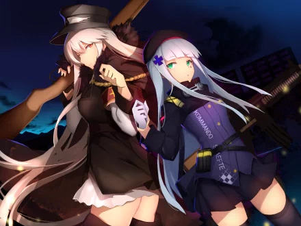 HD PC desktop wallpaper featuring HK416 and Kar98k characters from the video game Girls Frontline, set against a dark, atmospheric background.