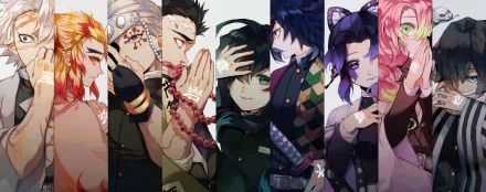 HD desktop wallpaper of characters from Demon Slayer: Kimetsu no Yaiba, featuring Shinobu Kochou, Giyuu Tomioka, Sanemi Shinazugawa, Obanai Iguro, Gyomei Himejima, Muichiro Tokito, Mitsuri Kanroji, Tengen Uzui, and Kyojuro Rengoku.