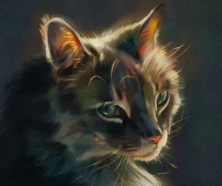 HD PC desktop wallpaper featuring a close-up of a cat with detailed fur and striking green eyes against a dark background.