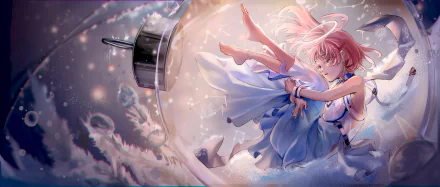 HD anime desktop wallpaper featuring an original character with short pink hair floating inside a translucent sphere, surrounded by soft glowing lights and ethereal elements.