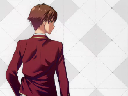 HD PC desktop wallpaper featuring Kiyotaka Ayanokōji from the anime Classroom of the Elite, showcasing him in a maroon school uniform against a geometric background.