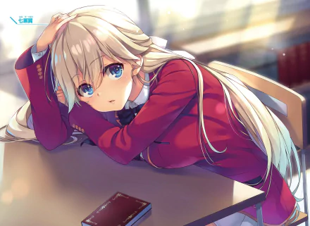 Tsubasa Nanase from Classroom of the Elite: long blonde hair, blue eyes, in a red school uniform leaning on a desk in a sunlit classroom — HD PC desktop wallpaper.