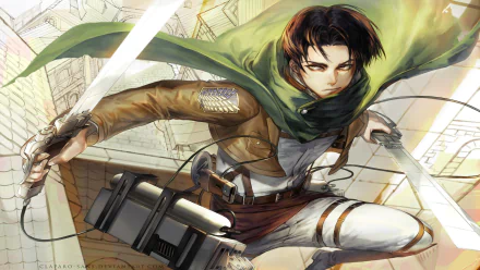 HD anime desktop wallpaper featuring Levi Ackerman from Attack on Titan in dynamic action pose with sword and Survey Corps uniform.