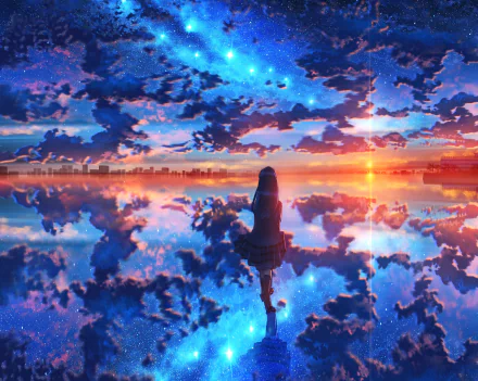 An HD desktop wallpaper showcasing an anime character standing on reflective water, gazing at a vibrant sunset with a starry sky and clouds above and below, creating a surreal atmosphere.