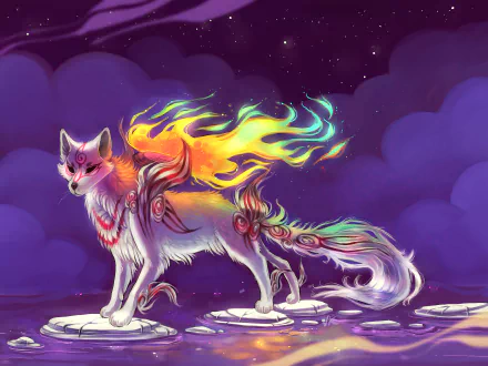 An HD desktop wallpaper featuring a vibrant fox from the video game Ōkami, adorned with ethereal flames and intricate patterns, set against a mystical purple backdrop.