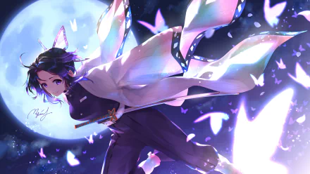 HD desktop wallpaper featuring Shinobu Kochou from the anime Demon Slayer: Kimetsu no Yaiba, depicted with her butterfly-like appearance against a moonlit backdrop.