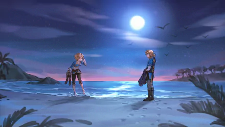 HD desktop wallpaper from The Legend of Zelda: Tears of the Kingdom featuring Link and Princess Zelda standing on a beach under a full moon.