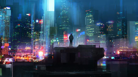 A lone figure stands atop a building overlooking a vibrant, futuristic sci-fi cityscape at night, rendered in stunning 4K Ultra HD detail.