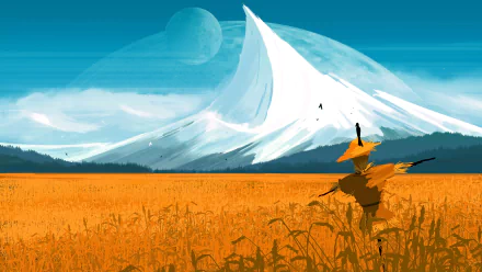 A sci-fi HD desktop wallpaper featuring a scarecrow in a golden field, with a snow-peaked mountain and a distant planet in the background under a clear blue sky.