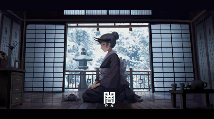 Anime-style 8K Ultra HD wallpaper featuring a horned character in traditional attire seated inside a temple with snow visible through sliding doors.