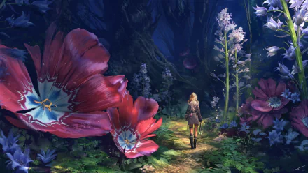 A magical elf walks through a vibrant fantasy flower forest at twilight, surrounded by oversized blossoms and glowing plants in this HD PC desktop wallpaper.