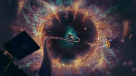 HD desktop wallpaper of a lone astronaut floating in space near a swirling cosmic vortex, set against a sci-fi backdrop, creating an epic and immersive background.