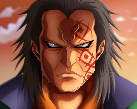 HD PC desktop wallpaper: close-up of Monkey D. Dragon (One Piece), stern scarred face, intense eyes and long dark hair set against a warm orange sky.