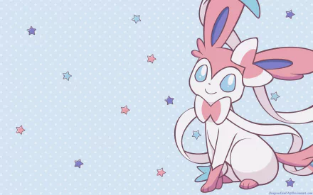 HD PC desktop wallpaper featuring Sylveon, the Fairy-type Pokémon, set against a pastel blue background with scattered colorful stars from the Pokémon video game series.