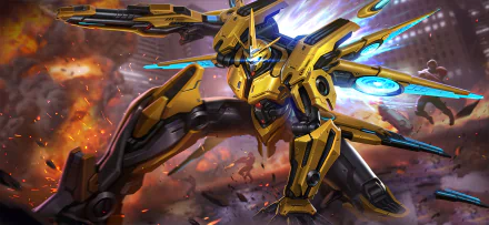 Yellow combat robot from Contra Return lunges across an exploding battlefield; high-detail 2K Quad HD PC desktop wallpaper/background, dynamic video game sci-fi art.