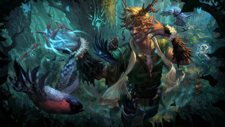 HD fantasy desktop wallpaper featuring an elf mage surrounded by magical creatures, including a hedgehog, rat, birds, and glowing forest elements.