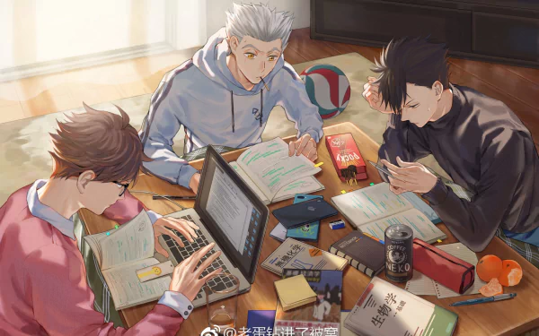 Three popular anime characters from Haikyū!! - Tōru Oikawa, Tetsurō Kuroo, and Kōtarō Bokuto, featured in a dynamic HD desktop wallpaper.