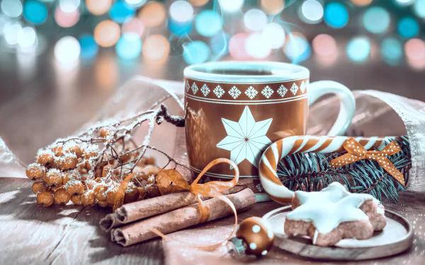still life drink cup candy cane cinnamon gingerbread spices Christmas food coffee HD Desktop Wallpaper | Background Image