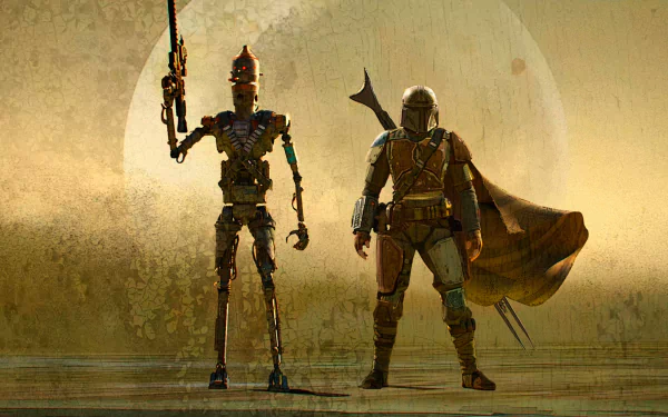 HD desktop wallpaper featuring IG-11 and The Mandalorian from the Star Wars TV show, standing side by side with a large moon in the background.