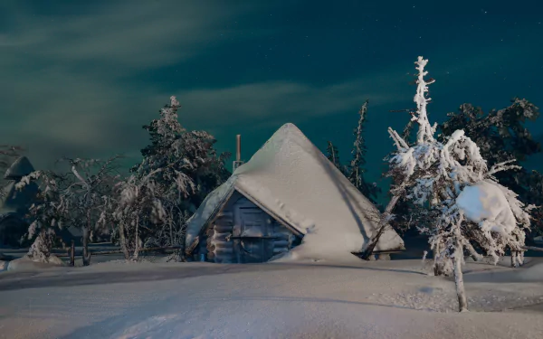 2K Quad HD PC desktop wallpaper: snow-covered Finnish cabin among frosted trees beneath a teal winter night sky, gently falling snow.