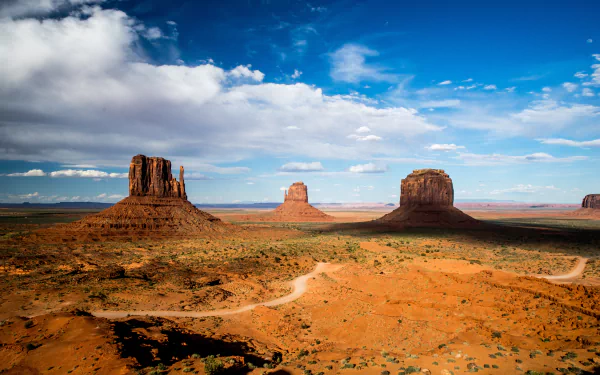 A vibrant 4K Ultra HD landscape of Monument Valley, USA, showcasing desert terrain under a partly cloudy sky.