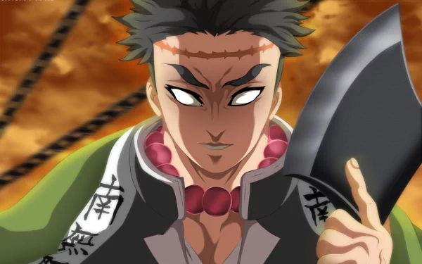 HD PC desktop wallpaper: Gyomei Himejima from Demon Slayer, intense close-up with white eyes, prayer beads, holding a heavy cleaver-like blade against a fiery background.