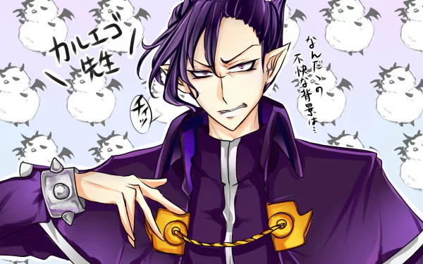 HD anime desktop wallpaper featuring Naberius Kalego from Mairimashita! Iruma-kun, showcasing his intense expression against a background of small white creatures.