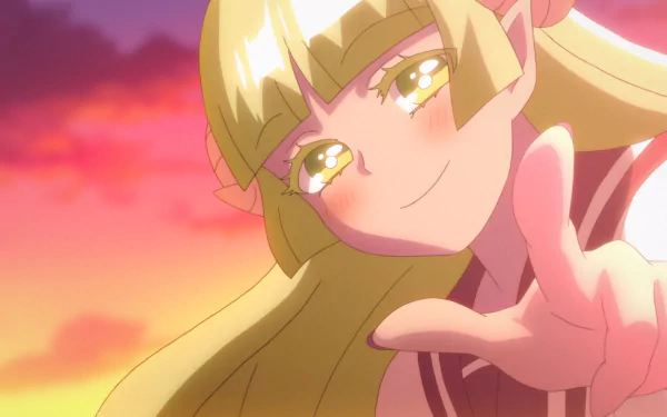 HD PC desktop wallpaper featuring Clara Valac from the anime Mairimashita! Iruma-kun, showcasing her golden hair and bright eyes against a vibrant sunset sky.