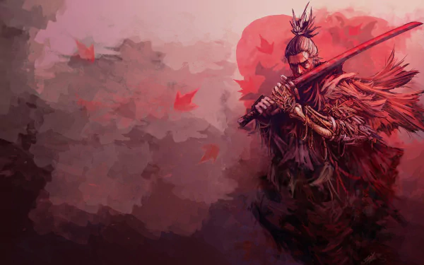 HD desktop wallpaper of Sekiro: Shadows Die Twice, featuring a warrior holding a red sword surrounded by falling leaves in a dark, moody atmosphere.
