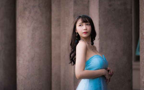 Women Asian Model Blue Dress Long Hair Black Hair Lipstick HD Wallpaper | Background Image