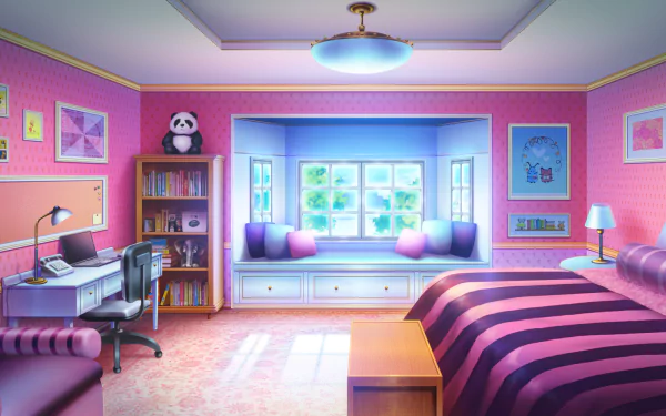 HD wallpaper depicting an anime-themed room with a desk, chair, laptop, bed, and window. The cozy space features colorful decor, a bookshelf with a panda plushie, and a window seat adorned with cushions.