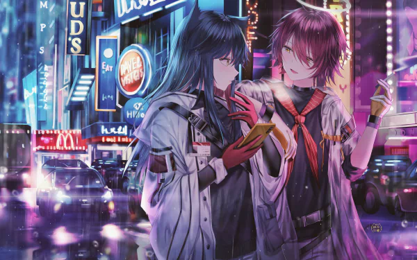 Anime-style HD wallpaper featuring two characters in a vibrant, rain-drenched cityscape with neon signs and cars.