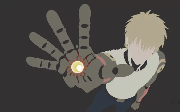 4K Ultra HD anime wallpaper featuring Genos from One-Punch Man with his hand extended, showcasing his robotic design against a dark background.