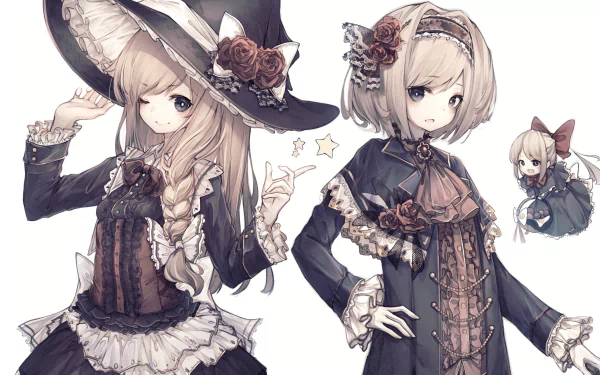 HD anime desktop wallpaper featuring Touhou characters Alice Margatroid, Marisa Kirisame, and Shanghai Doll in detailed, elegant outfits with floral and star accents.