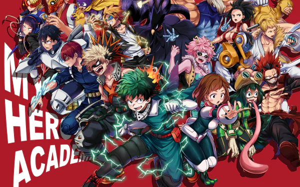 HD PC desktop wallpaper featuring a vibrant group of My Hero Academia anime characters in dynamic action poses against a red background.