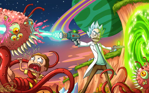  Rick blasting an alien that is about to eat Morty by Sawuinhaff