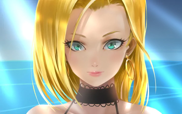 HD PC desktop wallpaper featuring a close-up of Android 18 from Dragon Ball Z, showcasing her blue eyes and blonde hair in an anime style.